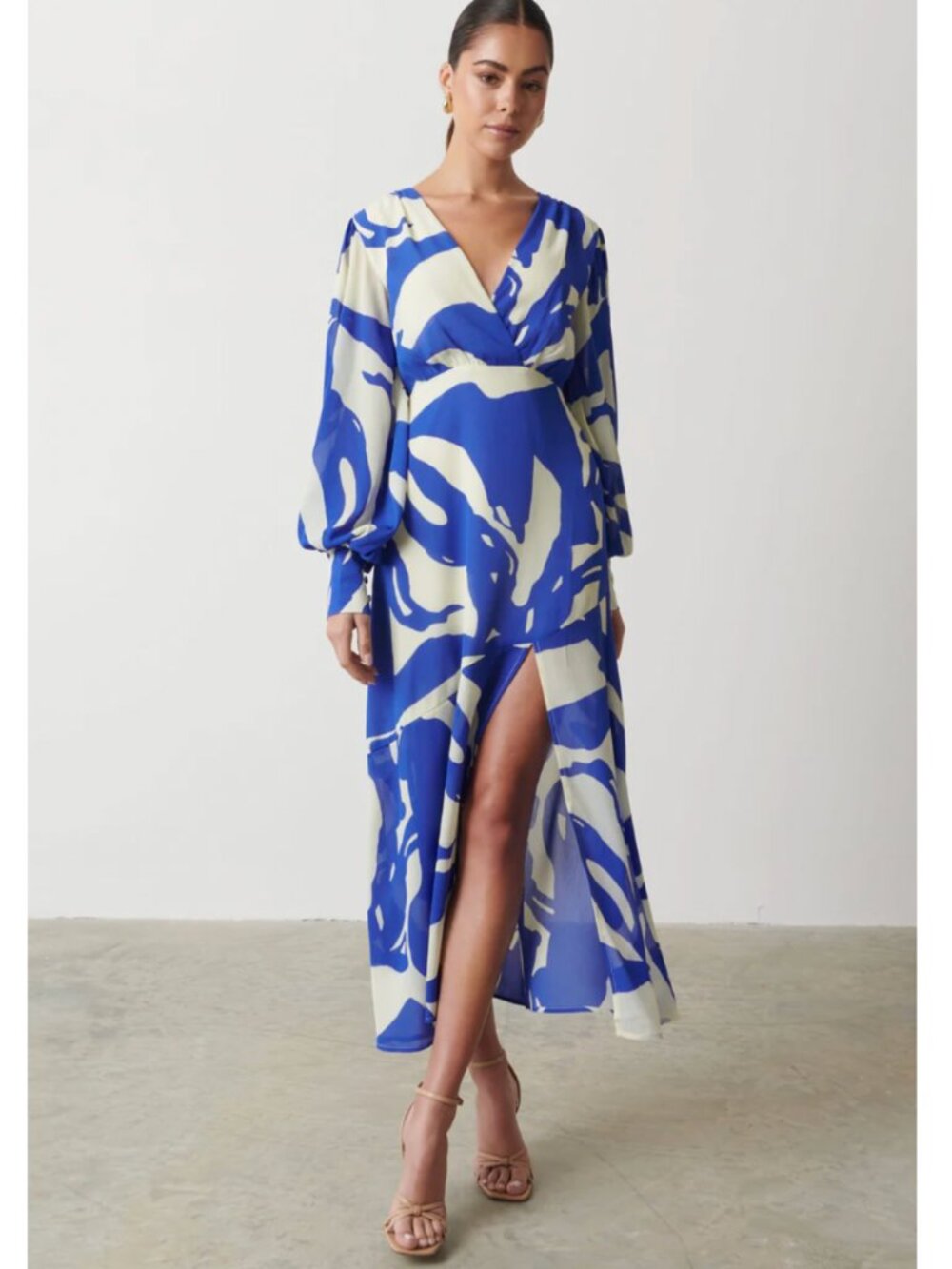 Blue & Cream V-Neck Maxi Dress with Side Slit